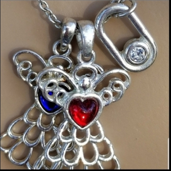 AVON VINTAGE SILVERTONED BIRTHSTONE ANGELS PENDANT NECKLACE - Picture 3 of 4